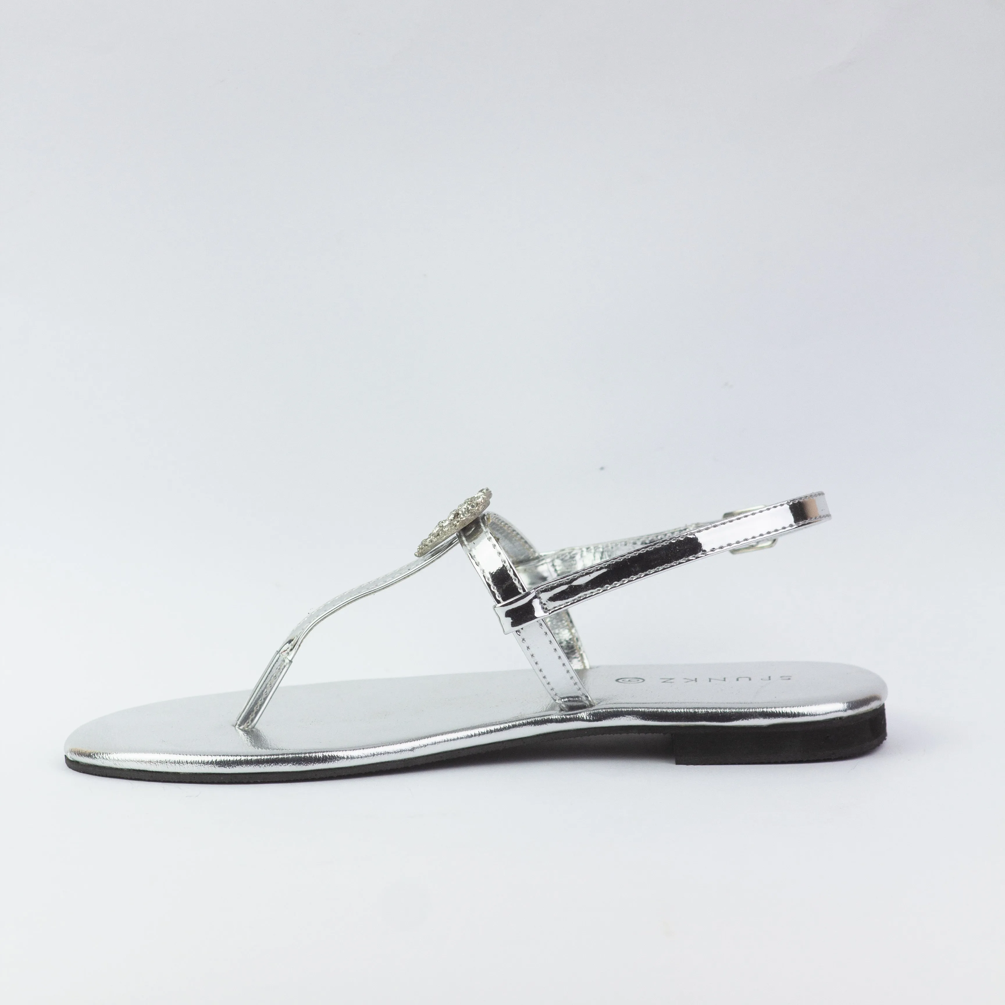 Anya T-Strap Silver Thong Sandals with Buckle Closure