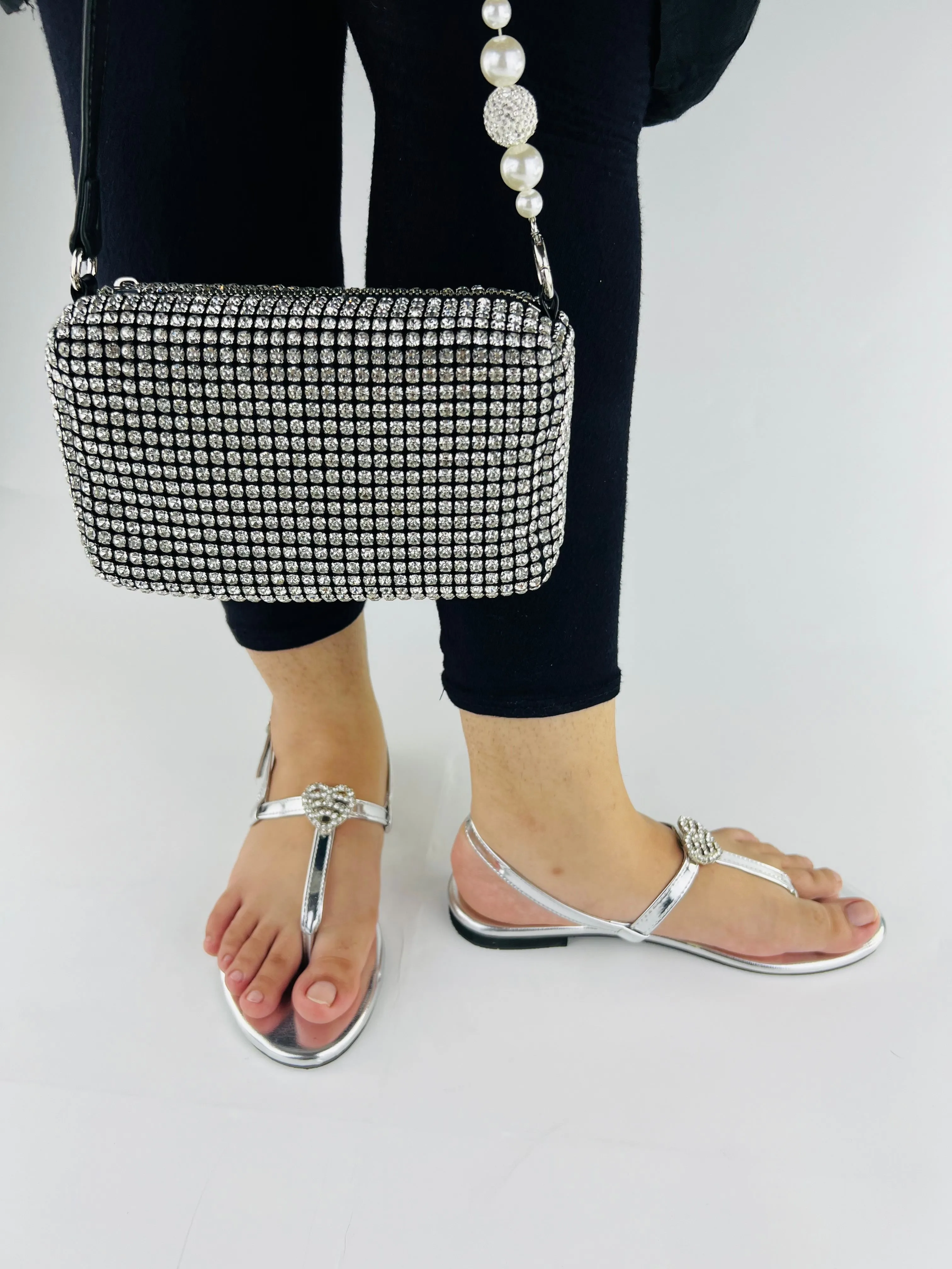 Anya T-Strap Silver Thong Sandals with Buckle Closure