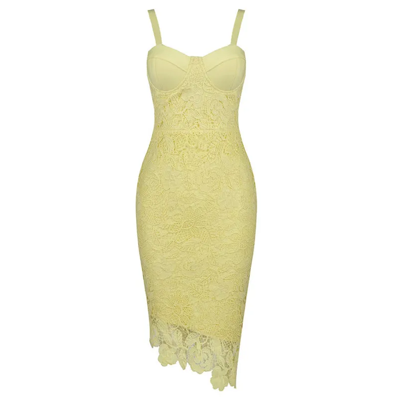 Asymmetric Floral Lace Embroidered Bustier Bandage Party Dress - YelLow