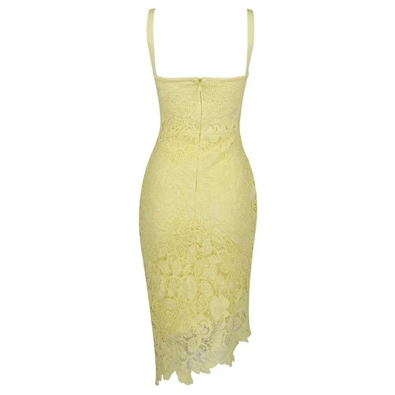 Asymmetric Floral Lace Embroidered Bustier Bandage Party Dress - YelLow