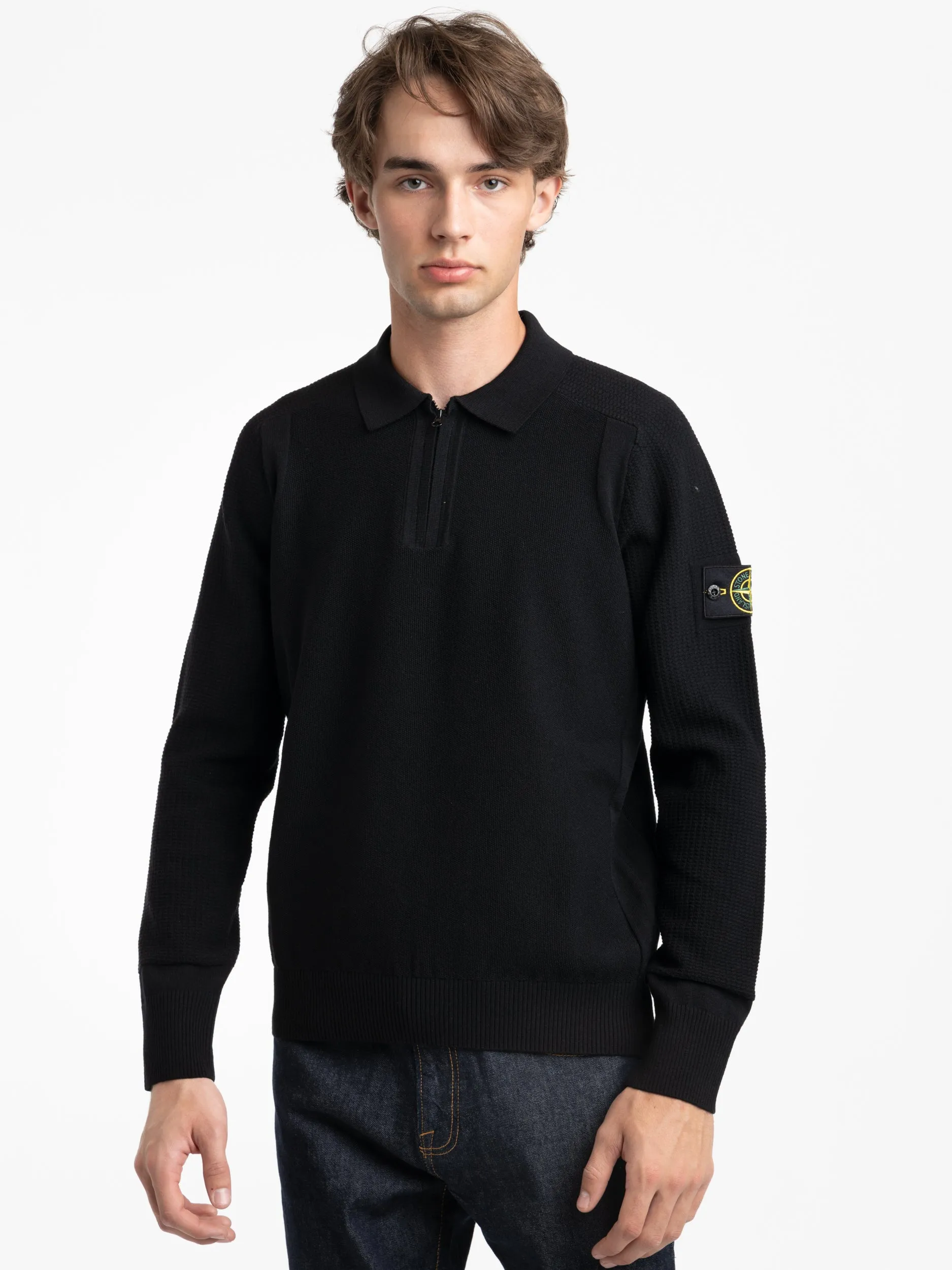 Black Compass-Badge Knitted Polo Shirt