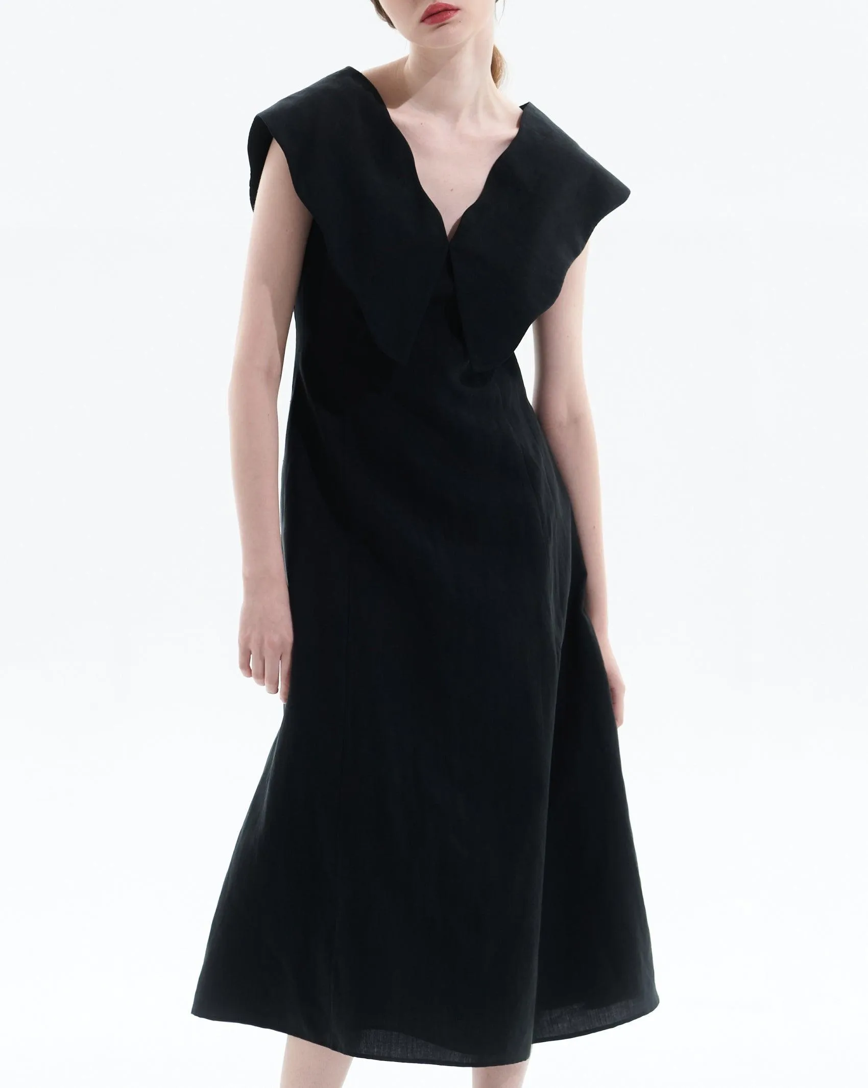 Black Tencel Linen Big Collar Dress