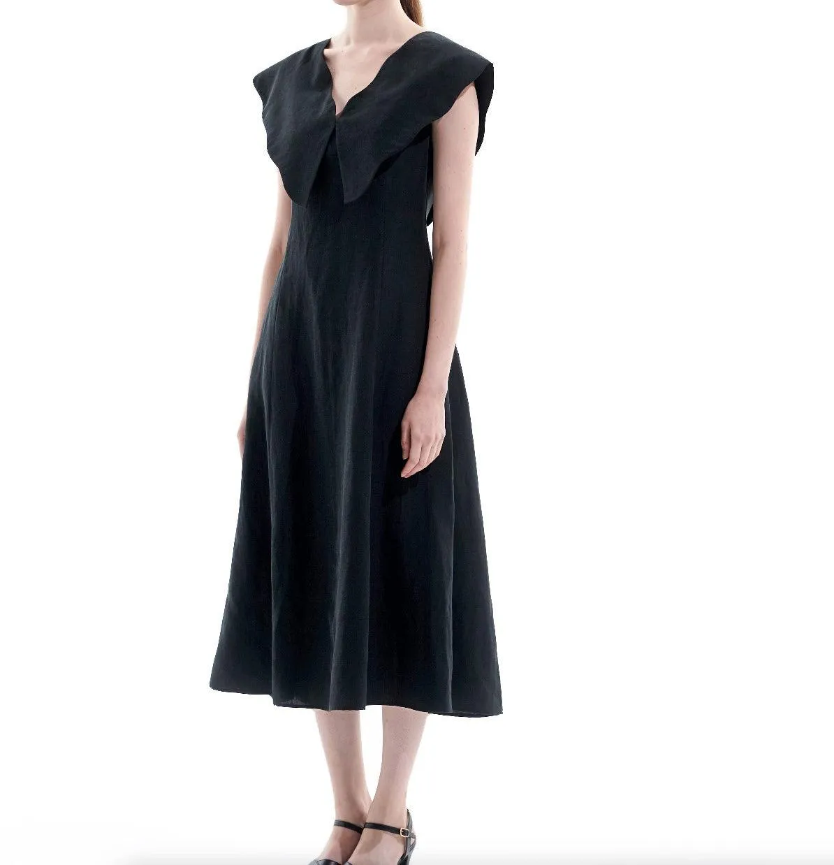 Black Tencel Linen Big Collar Dress