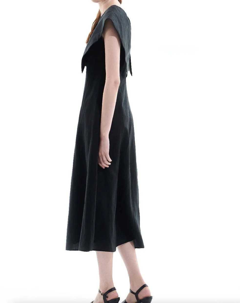 Black Tencel Linen Big Collar Dress