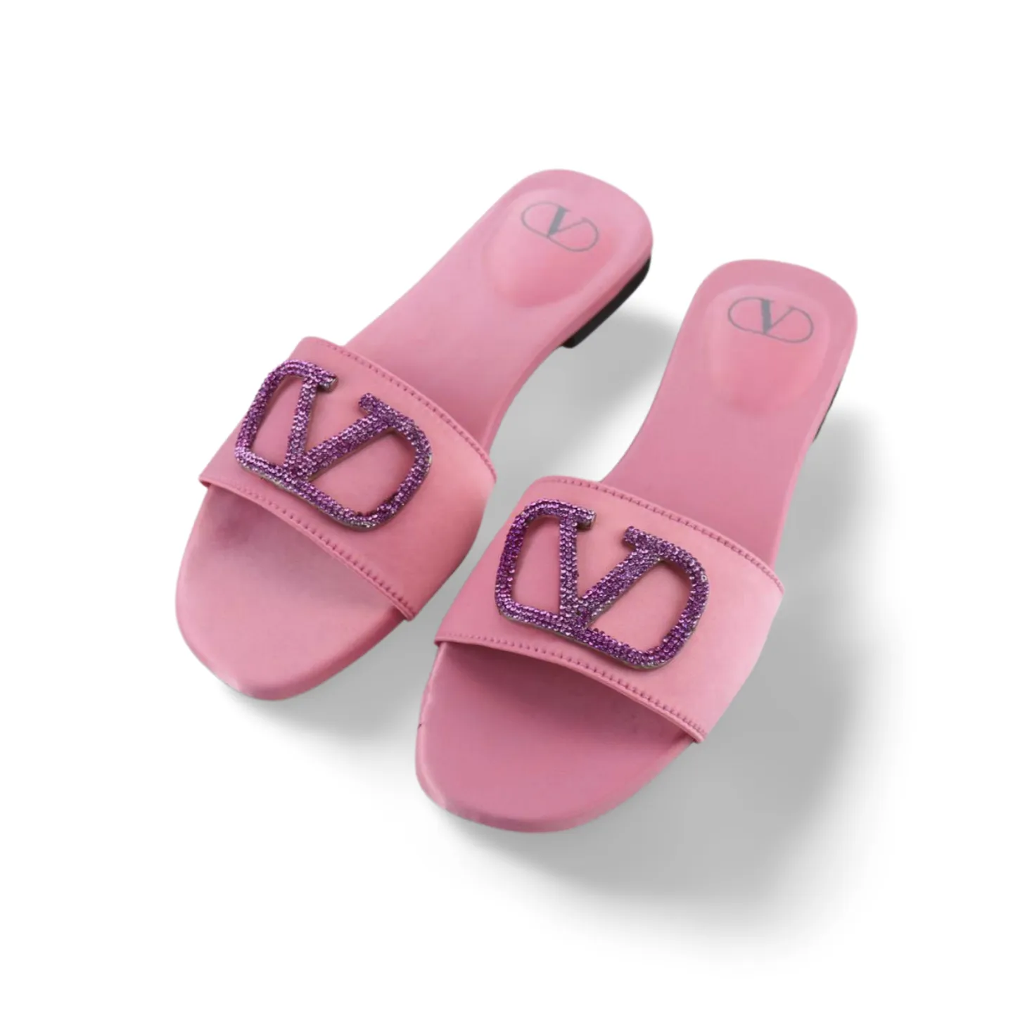 Elegant Satin Slides with V Logo Crystal Embellishment -1012