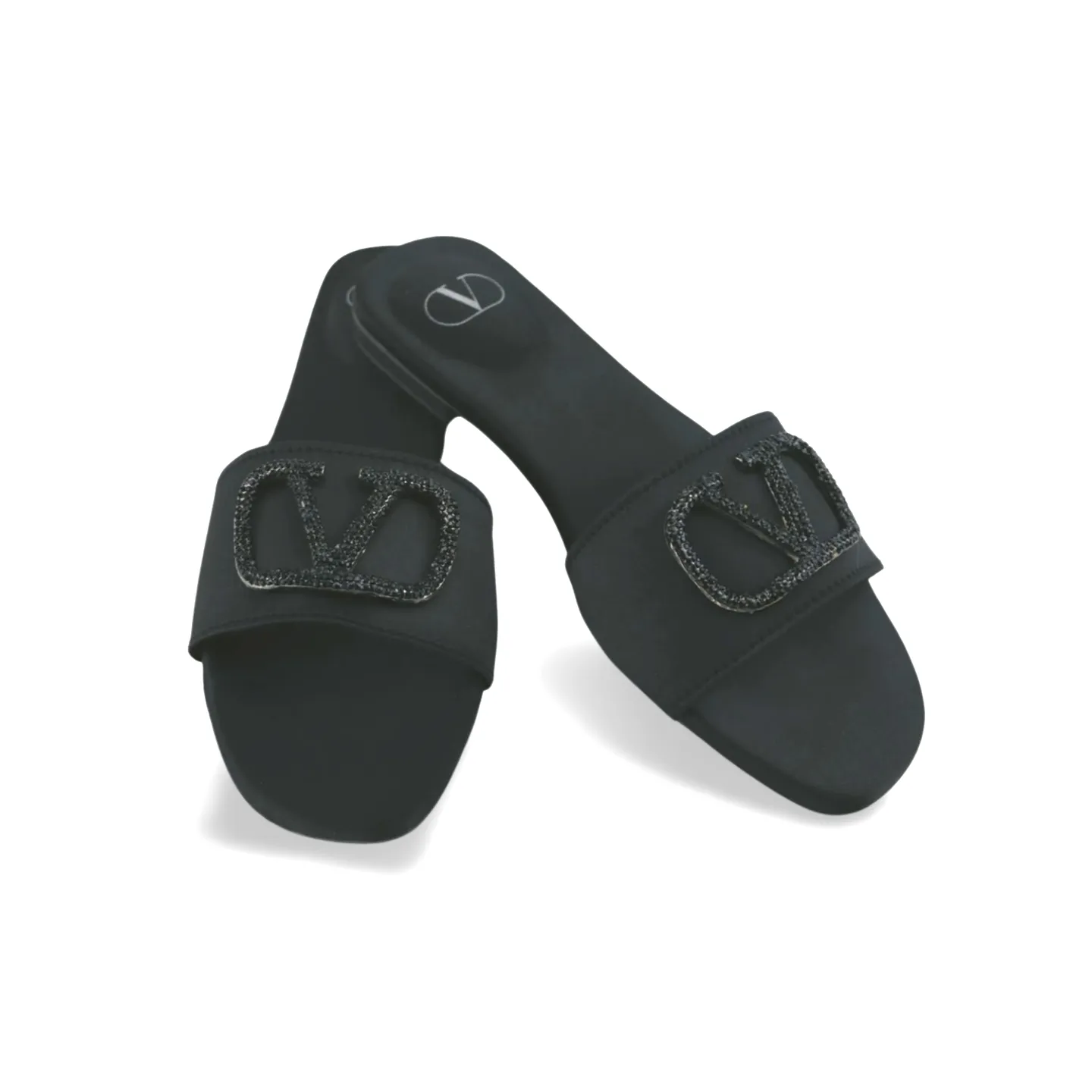 Elegant Satin Slides with V Logo Crystal Embellishment -1012