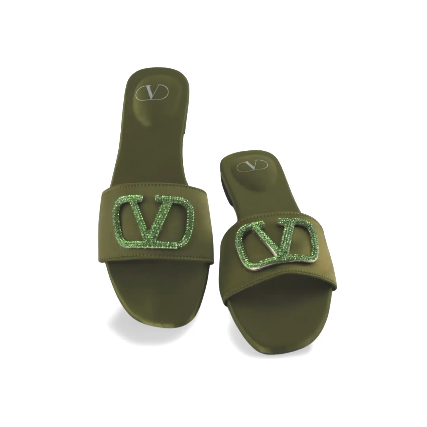 Elegant Satin Slides with V Logo Crystal Embellishment -1012