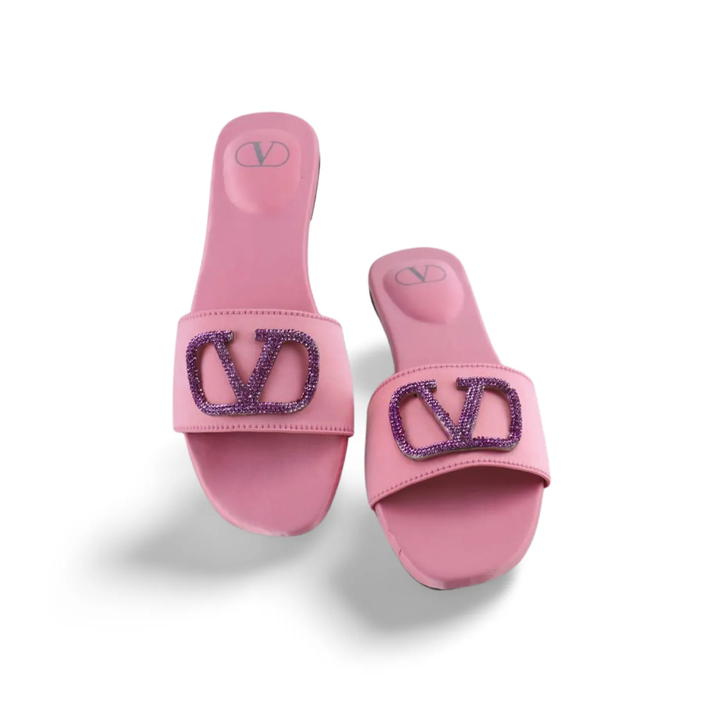 Elegant Satin Slides with V Logo Crystal Embellishment -1012