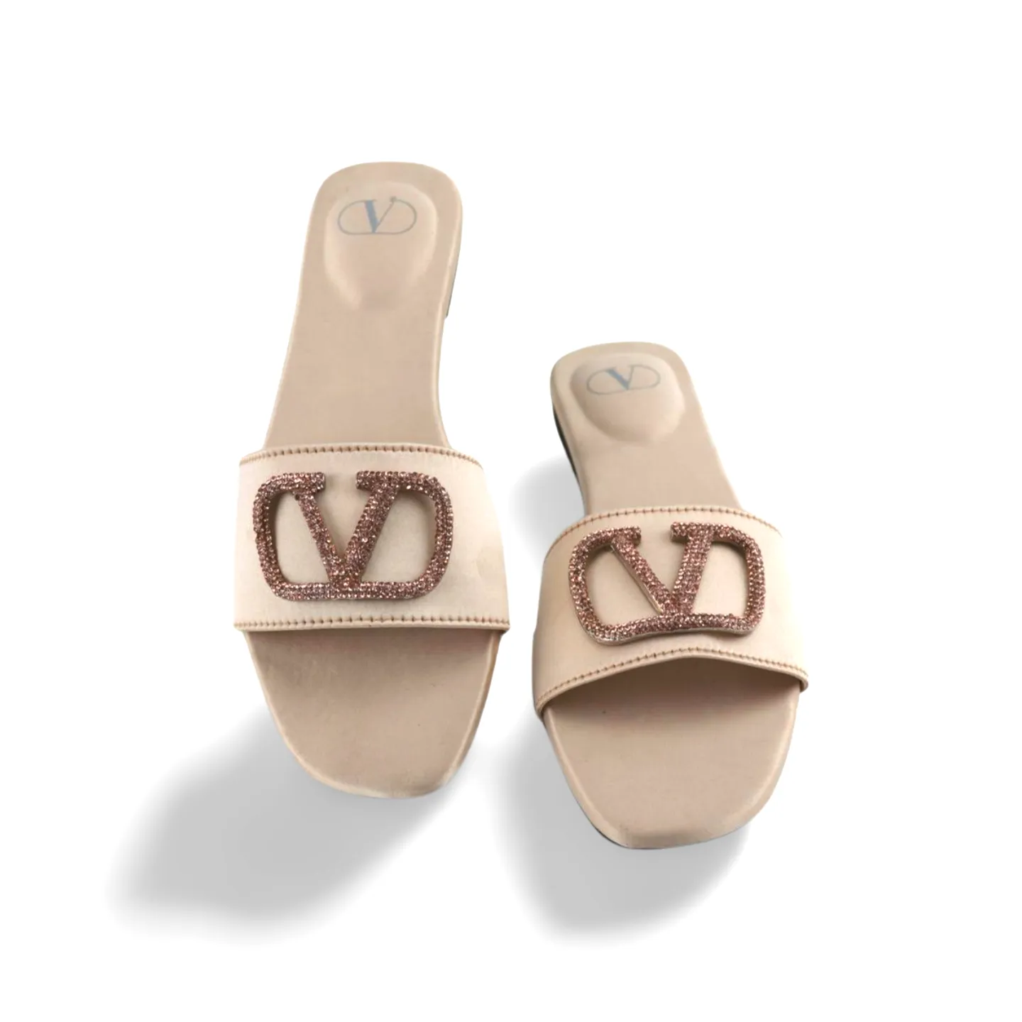 Elegant Satin Slides with V Logo Crystal Embellishment -1012