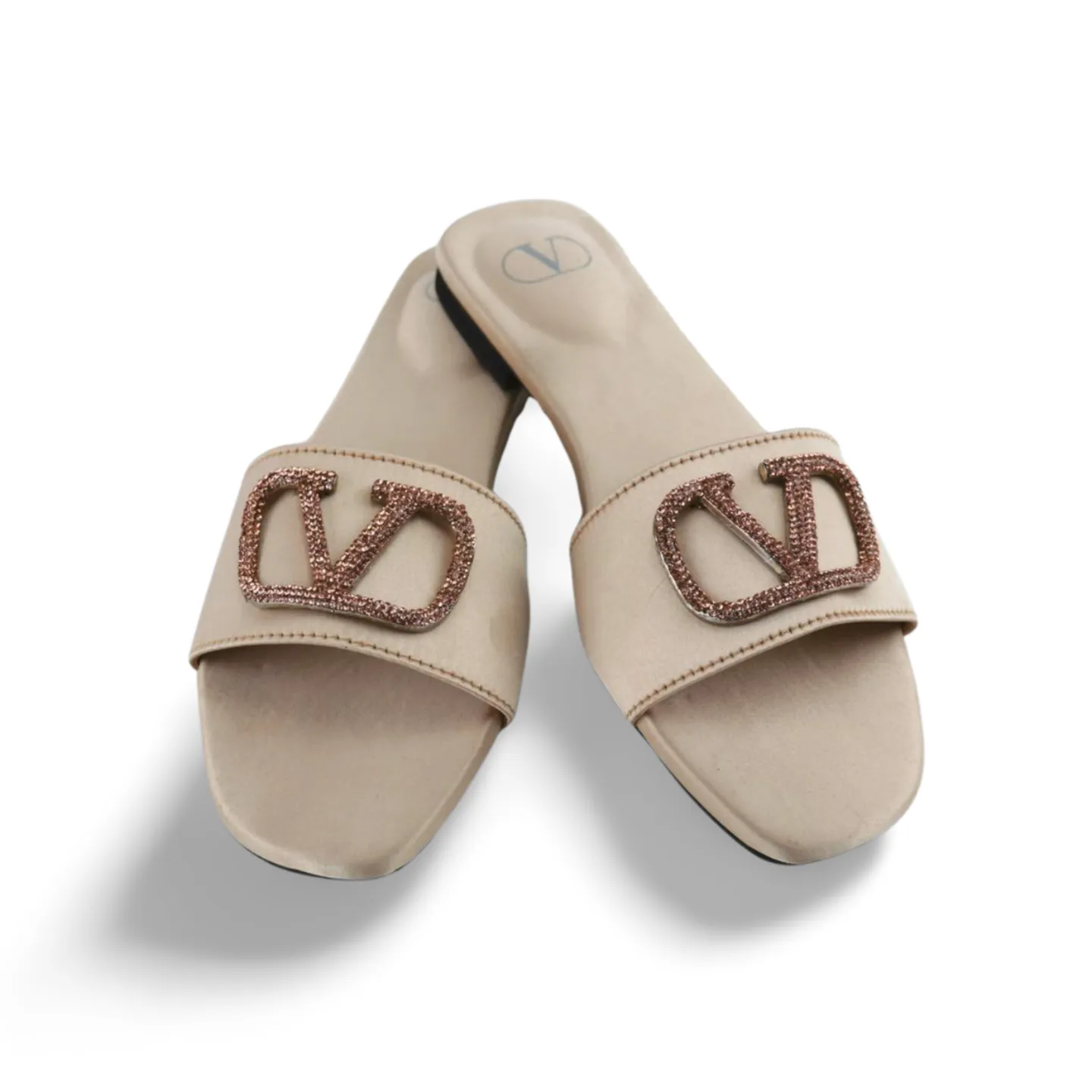 Elegant Satin Slides with V Logo Crystal Embellishment -1012