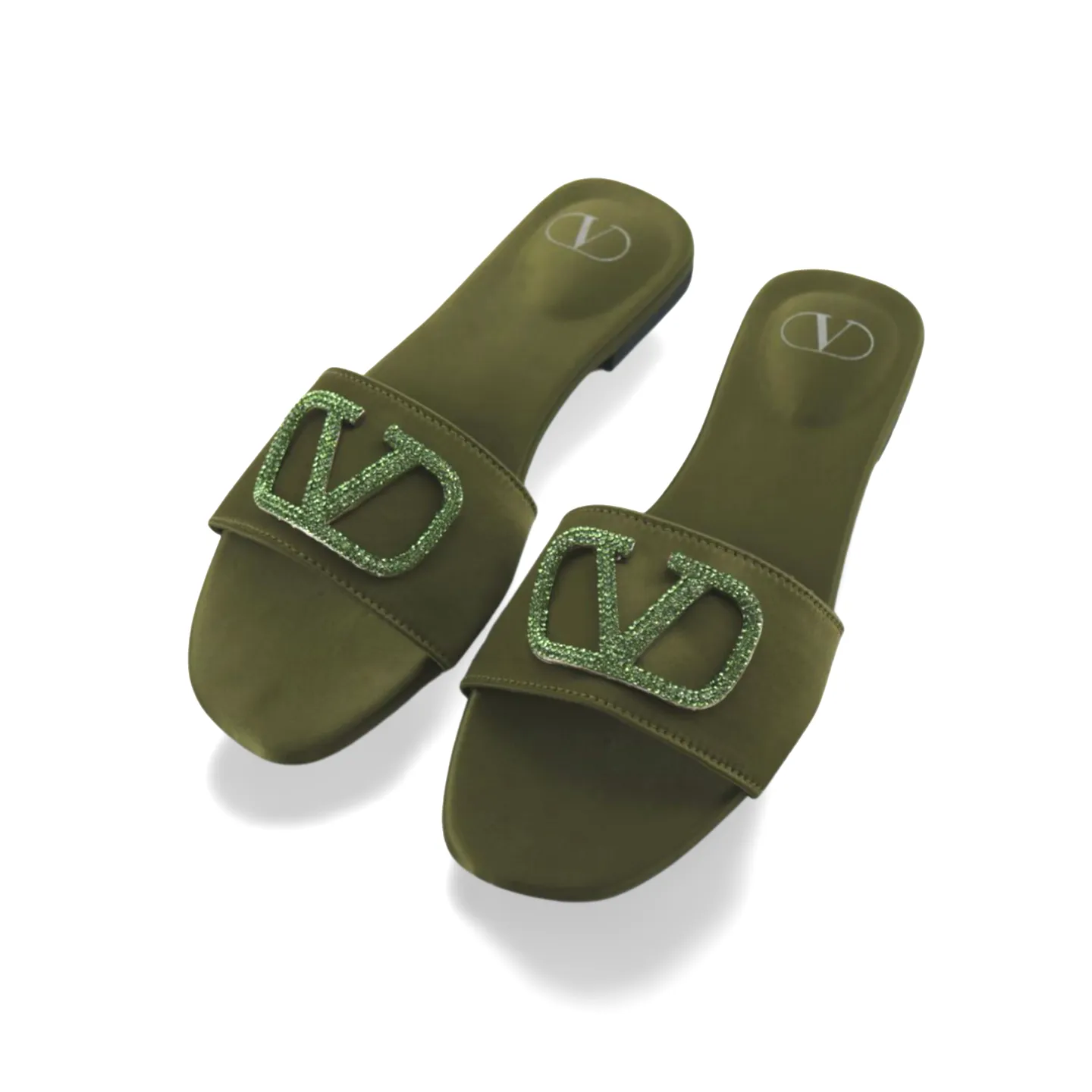 Elegant Satin Slides with V Logo Crystal Embellishment -1012