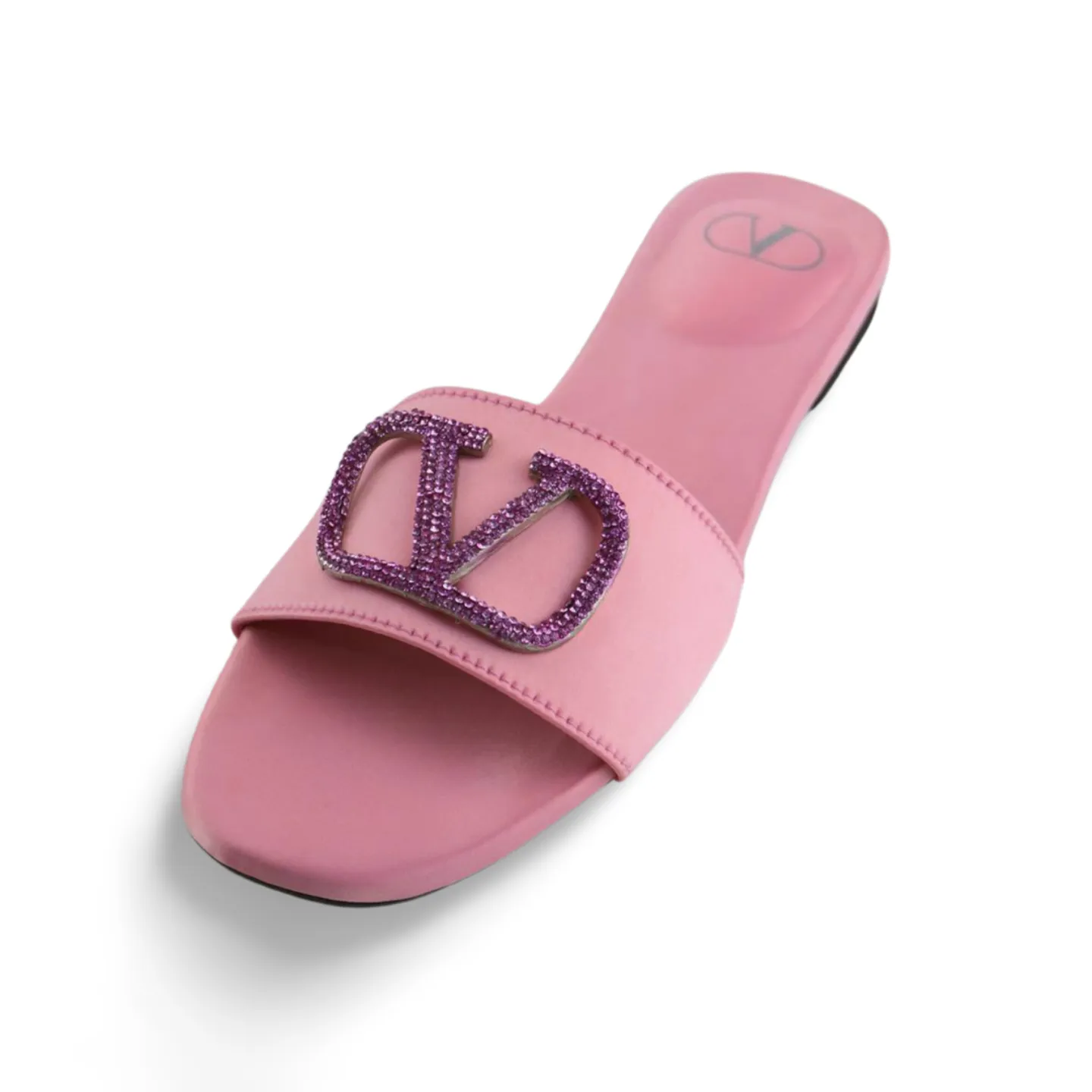 Elegant Satin Slides with V Logo Crystal Embellishment -1012