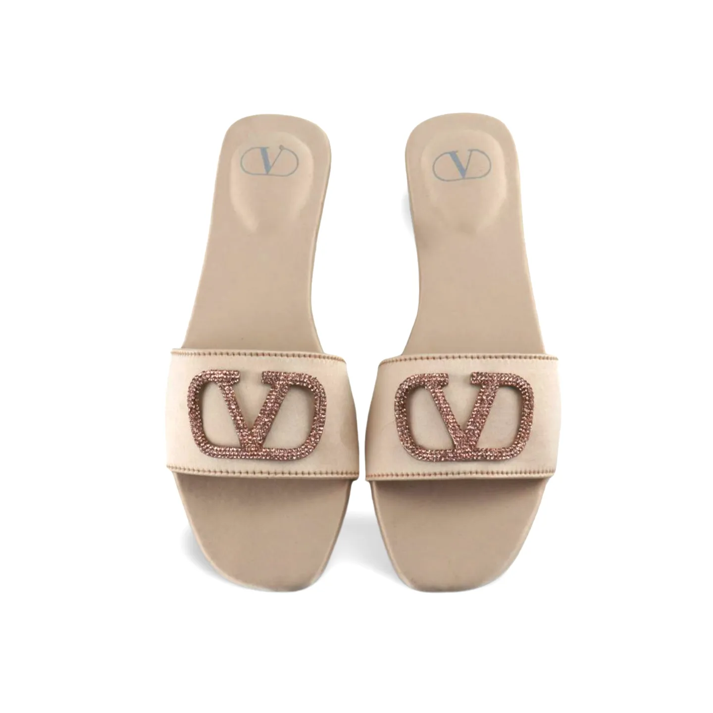 Elegant Satin Slides with V Logo Crystal Embellishment -1012