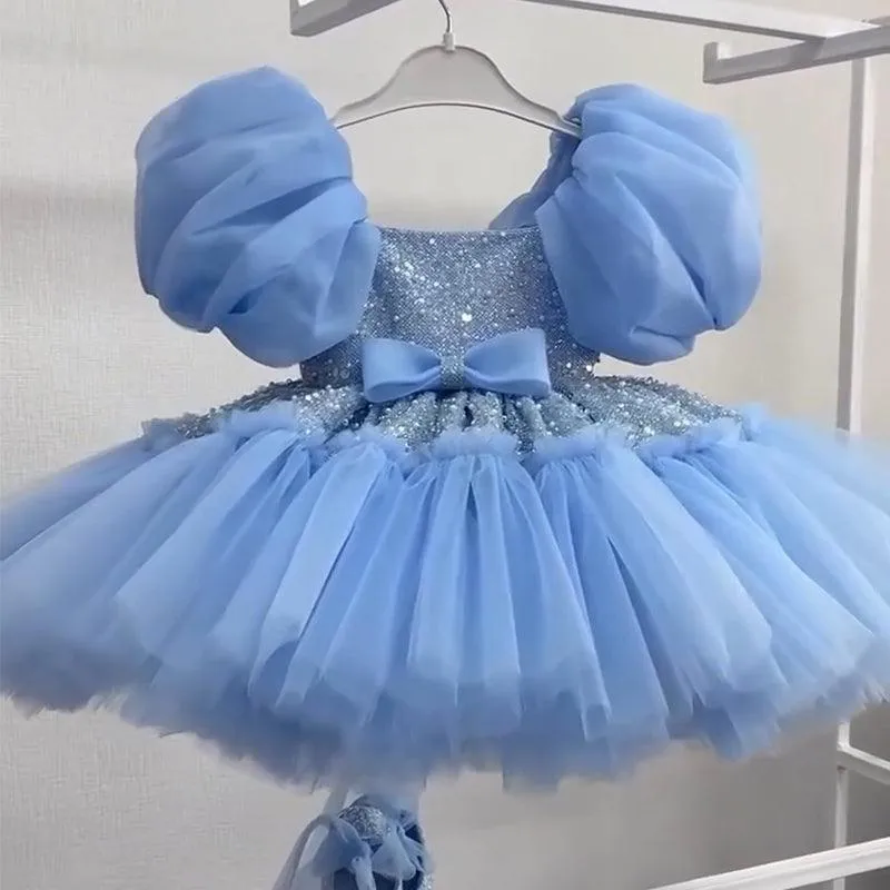 Fairy Tale Princess Puff Dress Dreamy Bubble Sleeve Gown Shiny Princess Style Dress Romantic Tulle Kidswear