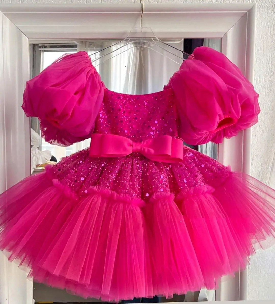 Fairy Tale Princess Puff Dress Dreamy Bubble Sleeve Gown Shiny Princess Style Dress Romantic Tulle Kidswear