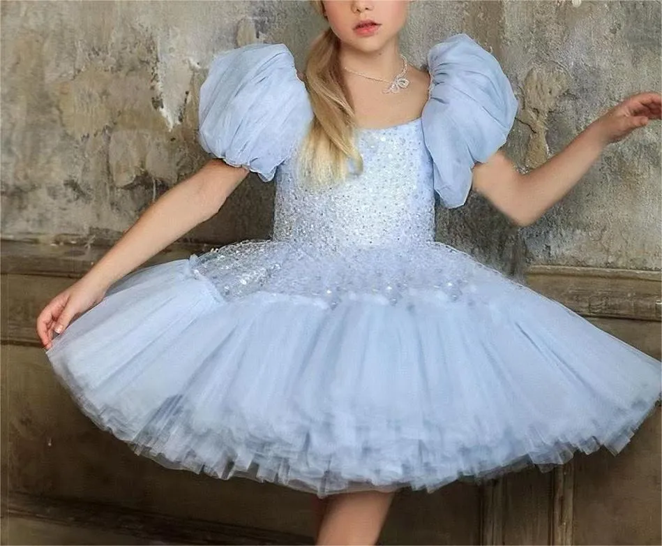 Fairy Tale Princess Puff Dress Dreamy Bubble Sleeve Gown Shiny Princess Style Dress Romantic Tulle Kidswear