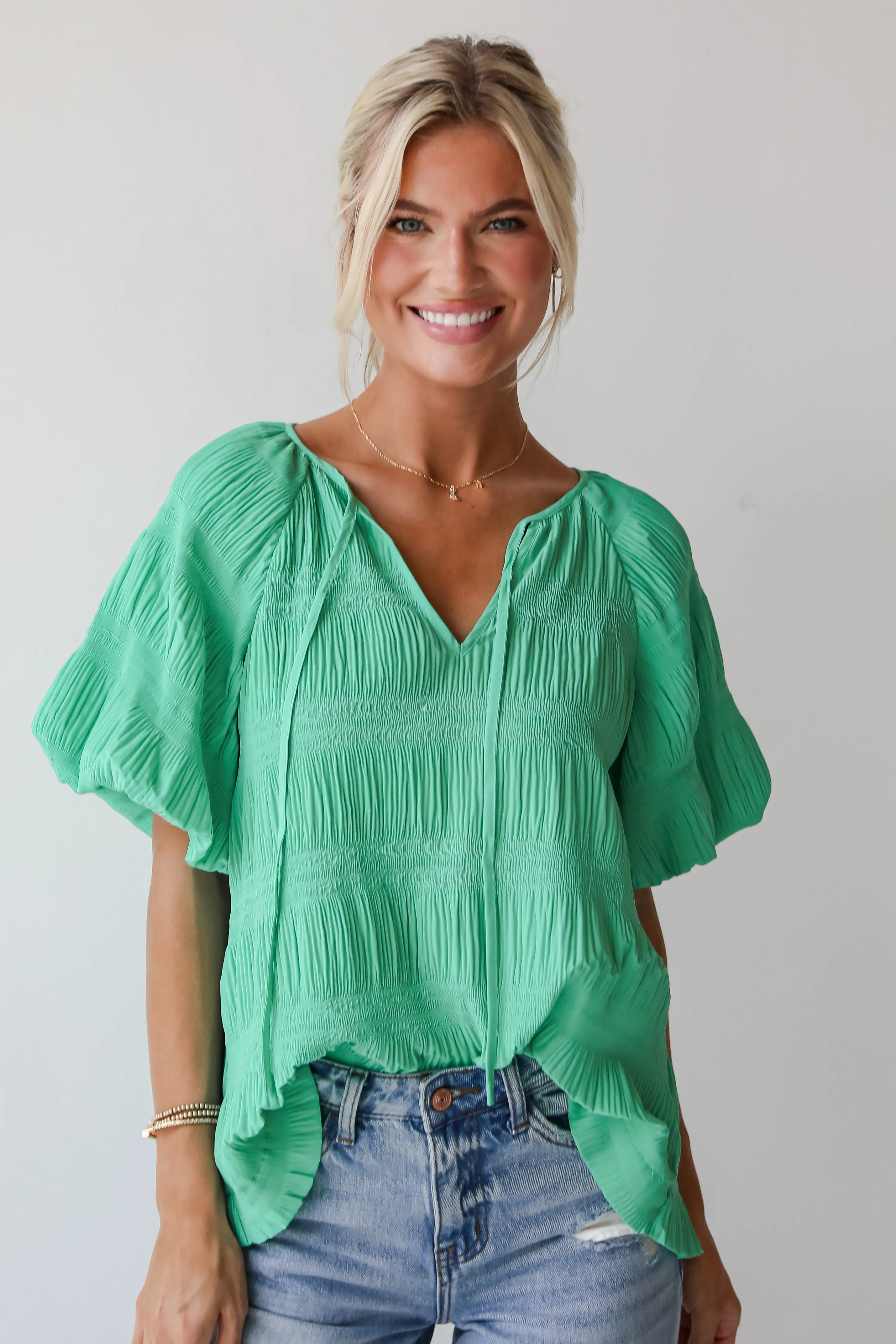 FINAL SALE - Elegant Confidence Green Textured Blouse