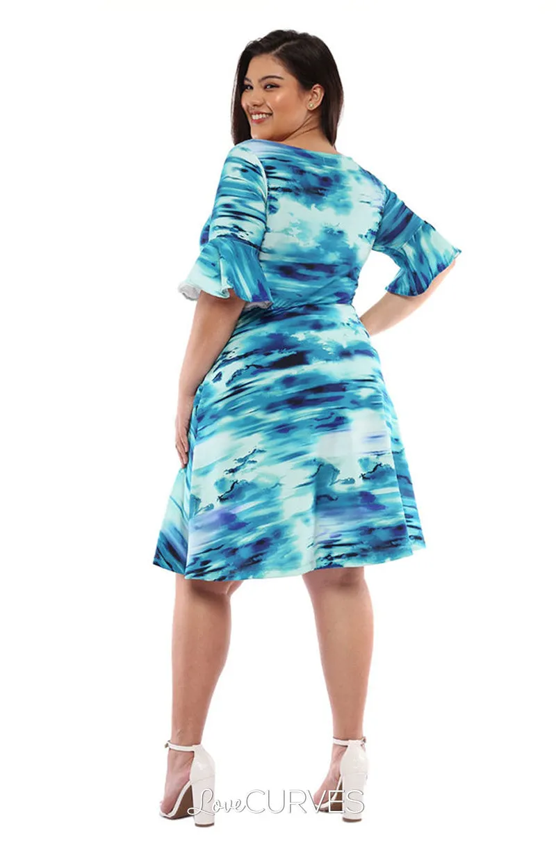 Frill Sleeves Fit and Flare Dress - Azure Tie Dye