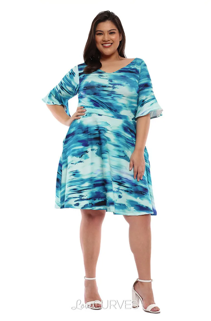 Frill Sleeves Fit and Flare Dress - Azure Tie Dye