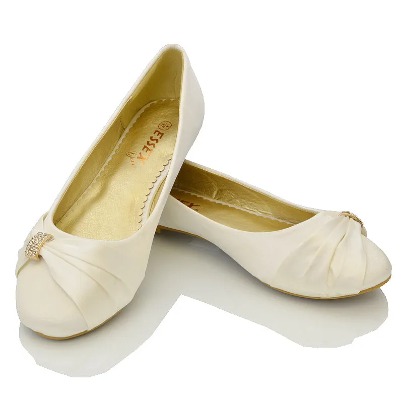 GABRIELA FLAT RUCHED DIAMANTE SPARKLY BROOCH CLASSIC WEDDING BRIDAL BALLERINA PUMPS IN IVORY SATIN