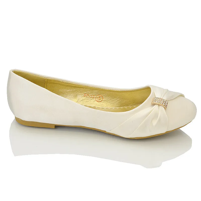 GABRIELA FLAT RUCHED DIAMANTE SPARKLY BROOCH CLASSIC WEDDING BRIDAL BALLERINA PUMPS IN IVORY SATIN