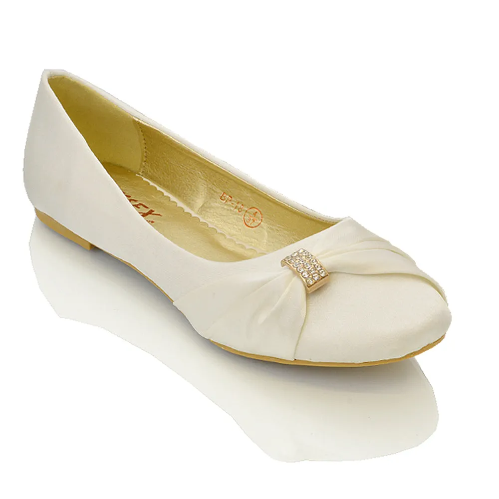 GABRIELA FLAT RUCHED DIAMANTE SPARKLY BROOCH CLASSIC WEDDING BRIDAL BALLERINA PUMPS IN IVORY SATIN