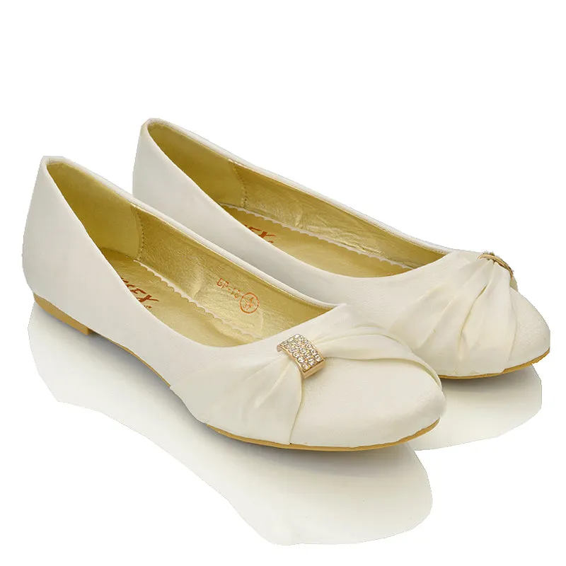 GABRIELA FLAT RUCHED DIAMANTE SPARKLY BROOCH CLASSIC WEDDING BRIDAL BALLERINA PUMPS IN IVORY SATIN