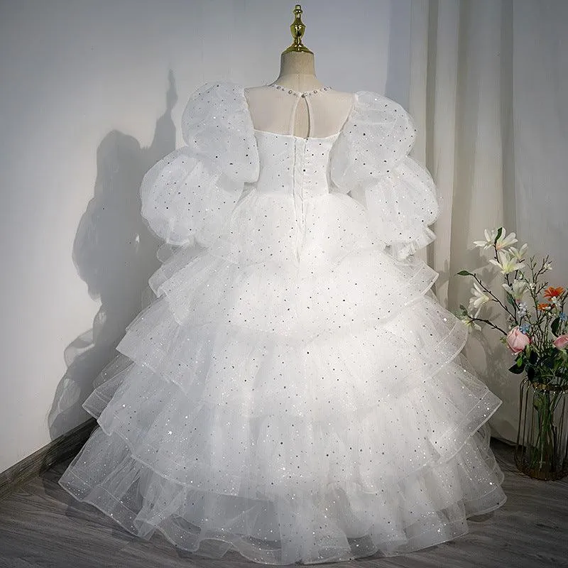 Girls Evening Dress Fashion White Puff Long Sleeve Flower Girl Wedding Dress Puffy Girl Princess Dress