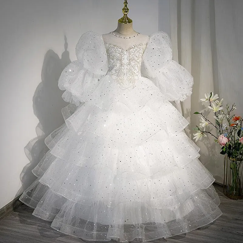 Girls Evening Dress Fashion White Puff Long Sleeve Flower Girl Wedding Dress Puffy Girl Princess Dress