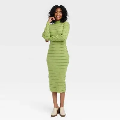 House of Aama Women's High Neck idi Knit Dress Long Sleeve, Green Striped,