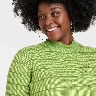 House of Aama Women's High Neck idi Knit Dress Long Sleeve, Green Striped,