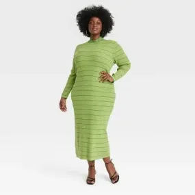 House of Aama Women's High Neck Midi Knit Dress Long Sleeve