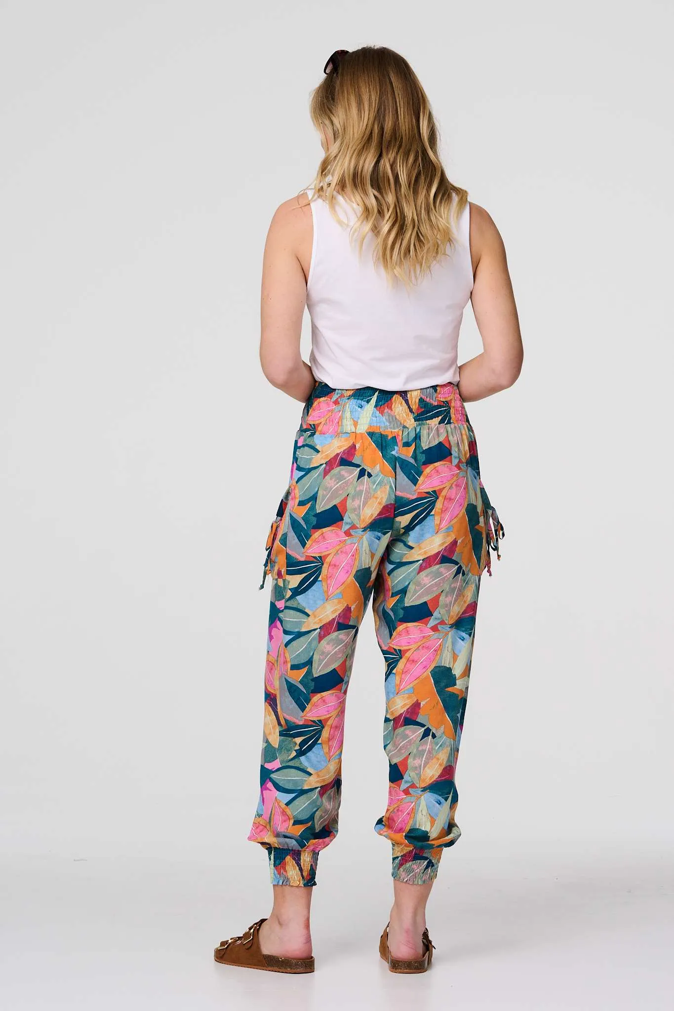 Leaf Print Tassel Pocket Harem Pants