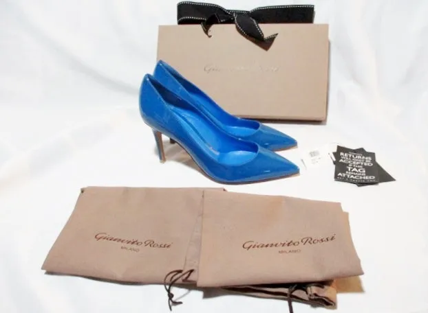 NEW GIANVITO ROSSI VERNICE CAPRI Pump Shoe BLUE 36 6 PATENT LEATHER Mule High Heel Womens