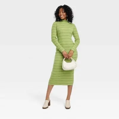 New - House of Aama Women's High Neck Midi Knit Dress Long Sleeve