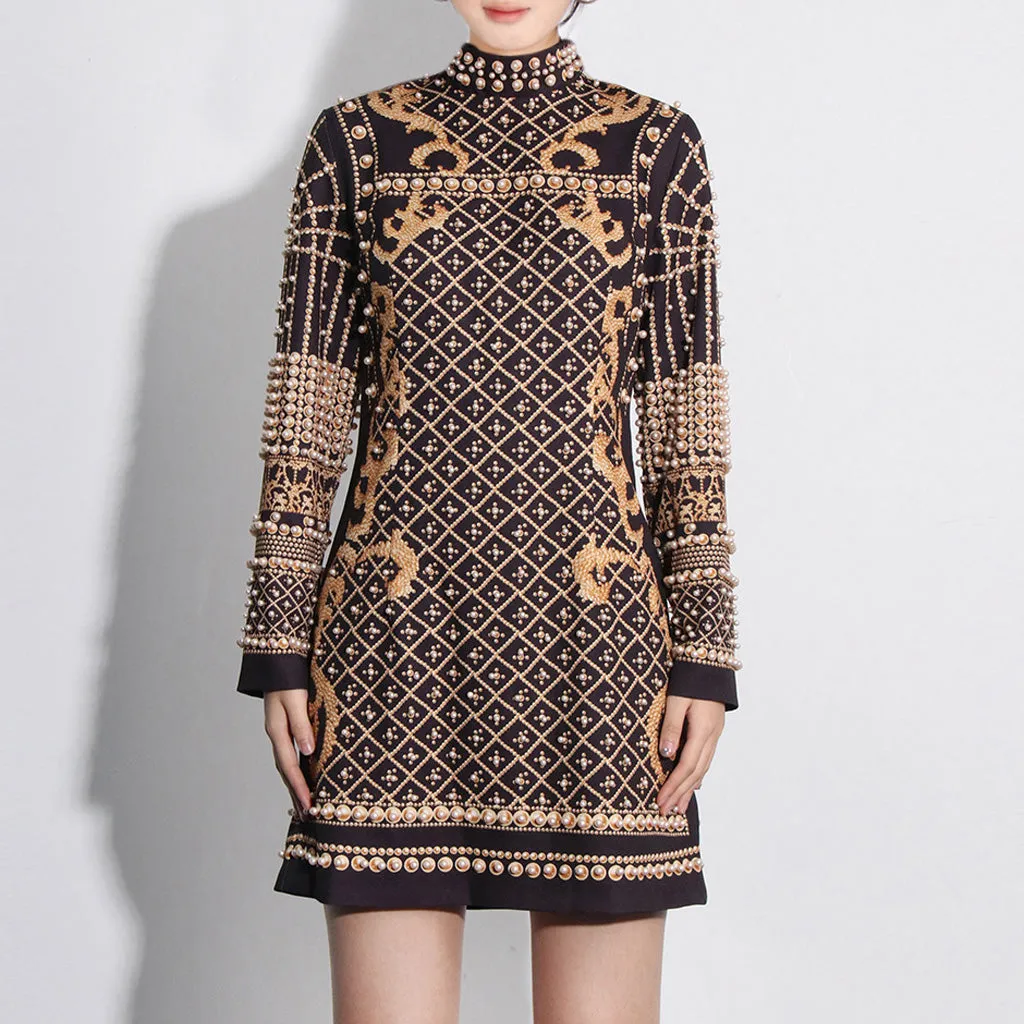 Opulent Pearl Beaded Baroque Print Mock Neck Long Sleeve Mini Party Dress