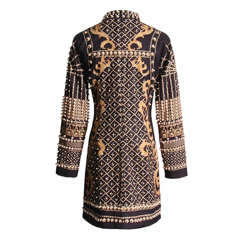 Opulent Pearl Beaded Baroque Print Mock Neck Long Sleeve Mini Party Dress