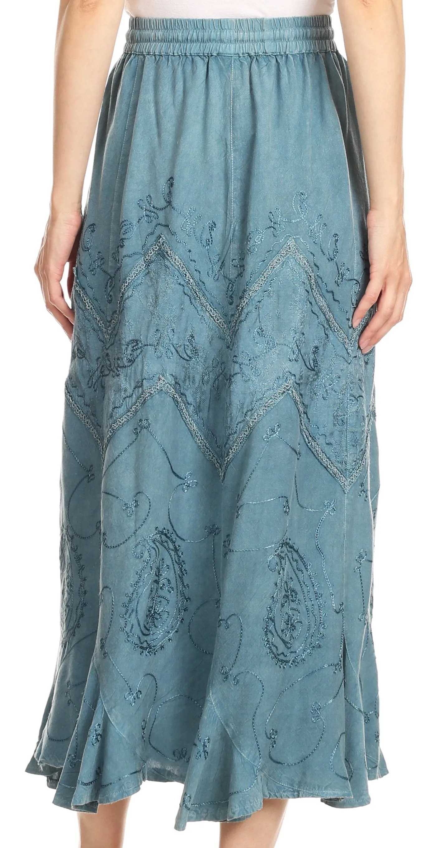 Sakkas Evelyn Womens Stonewashed Maxi Ruffle Skirt with Elastic Waist & Embroidery