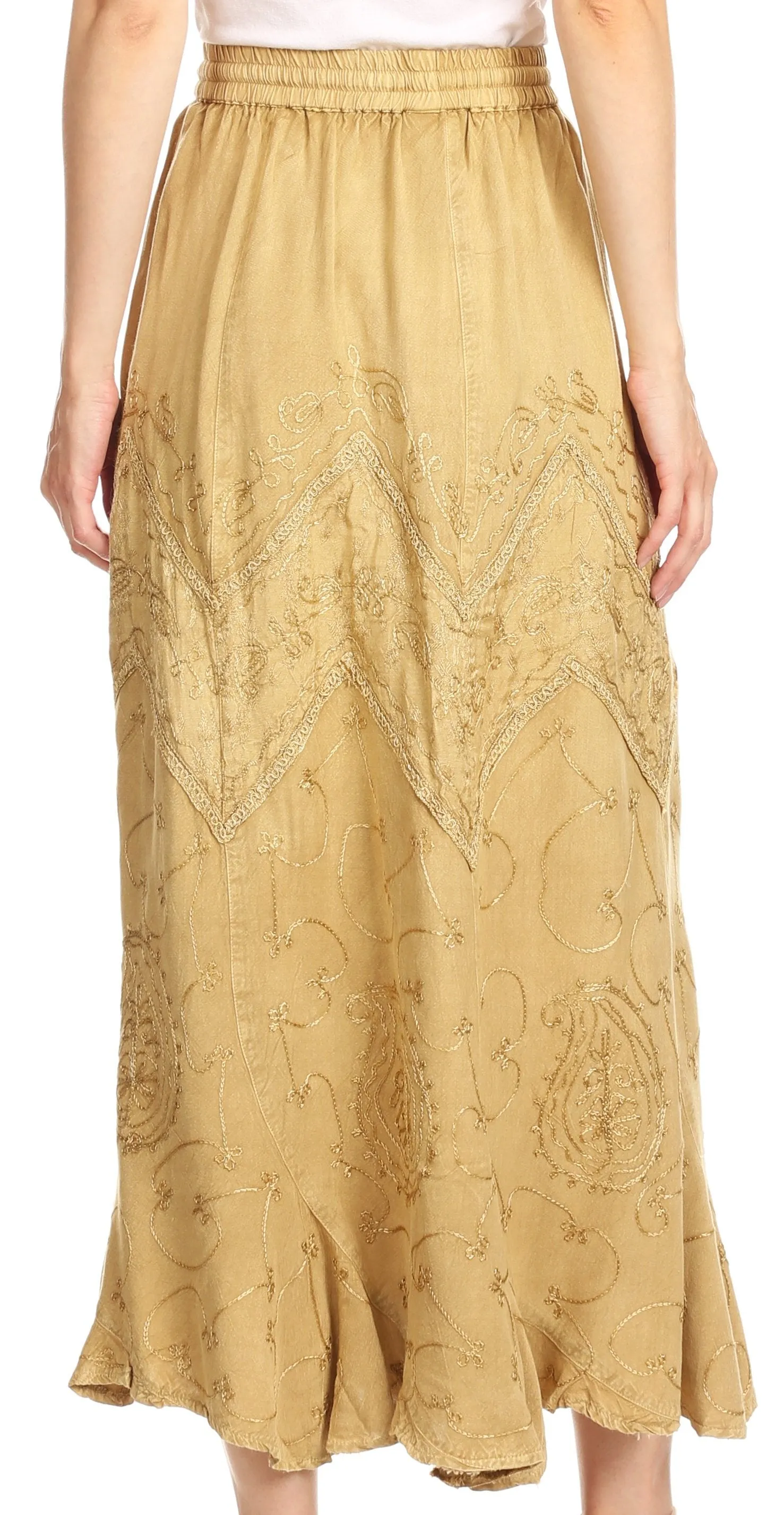 Sakkas Evelyn Womens Stonewashed Maxi Ruffle Skirt with Elastic Waist & Embroidery