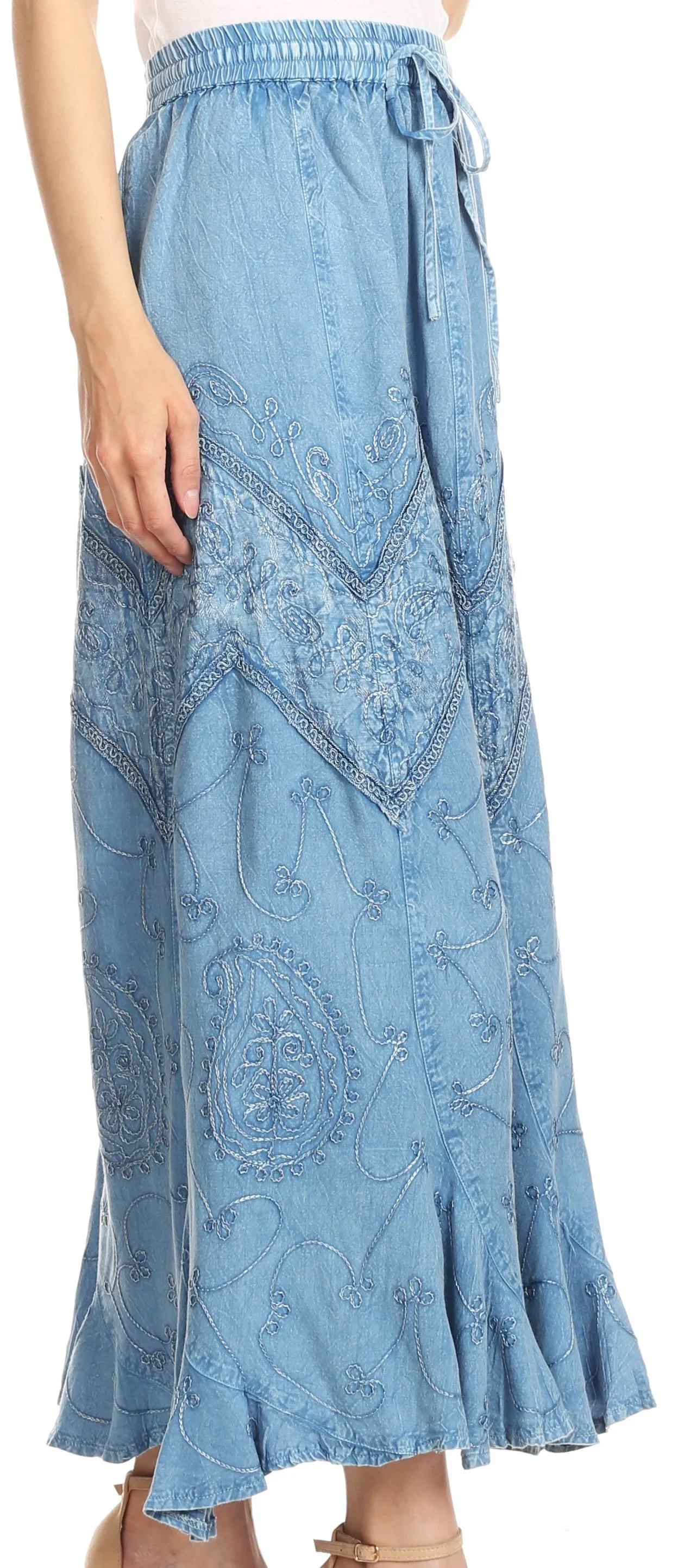 Sakkas Evelyn Womens Stonewashed Maxi Ruffle Skirt with Elastic Waist & Embroidery