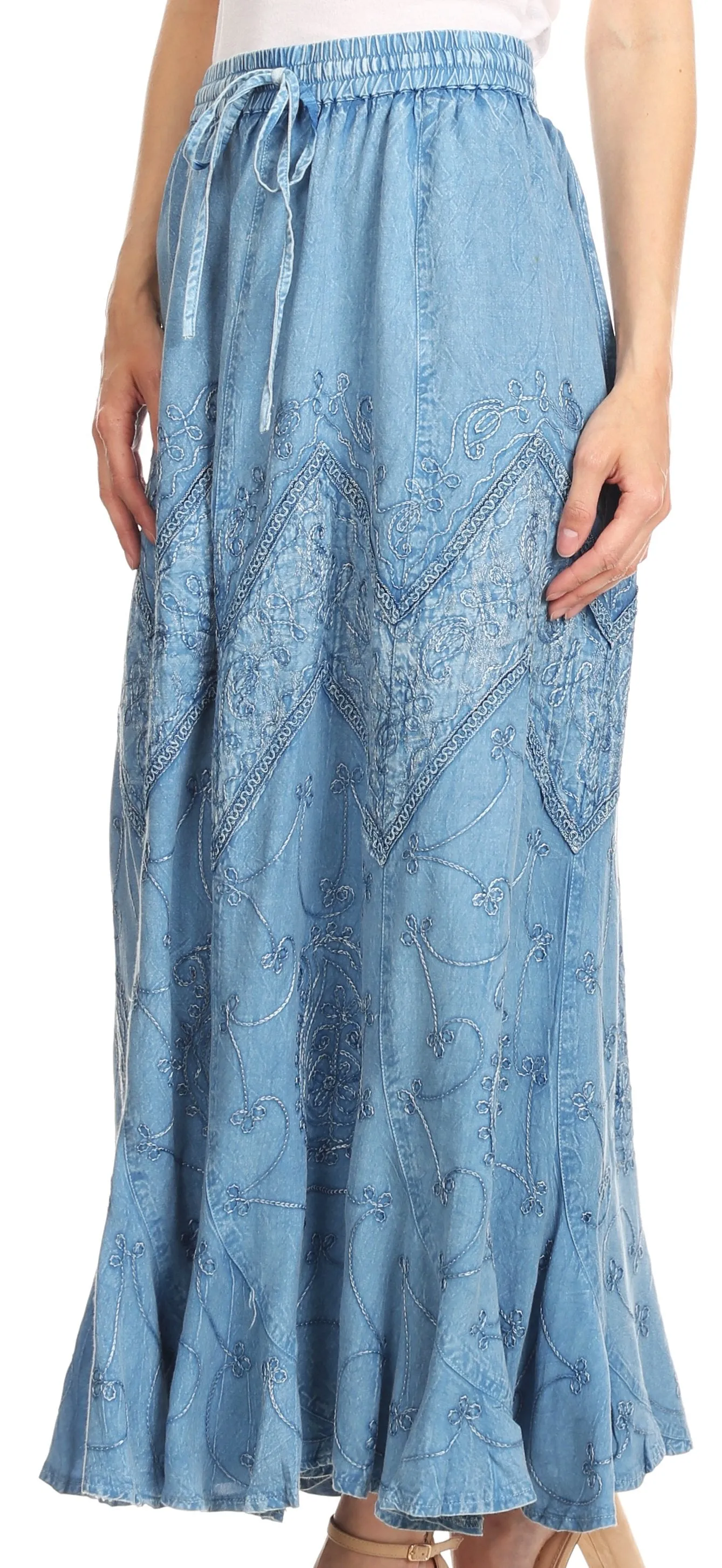 Sakkas Evelyn Womens Stonewashed Maxi Ruffle Skirt with Elastic Waist & Embroidery