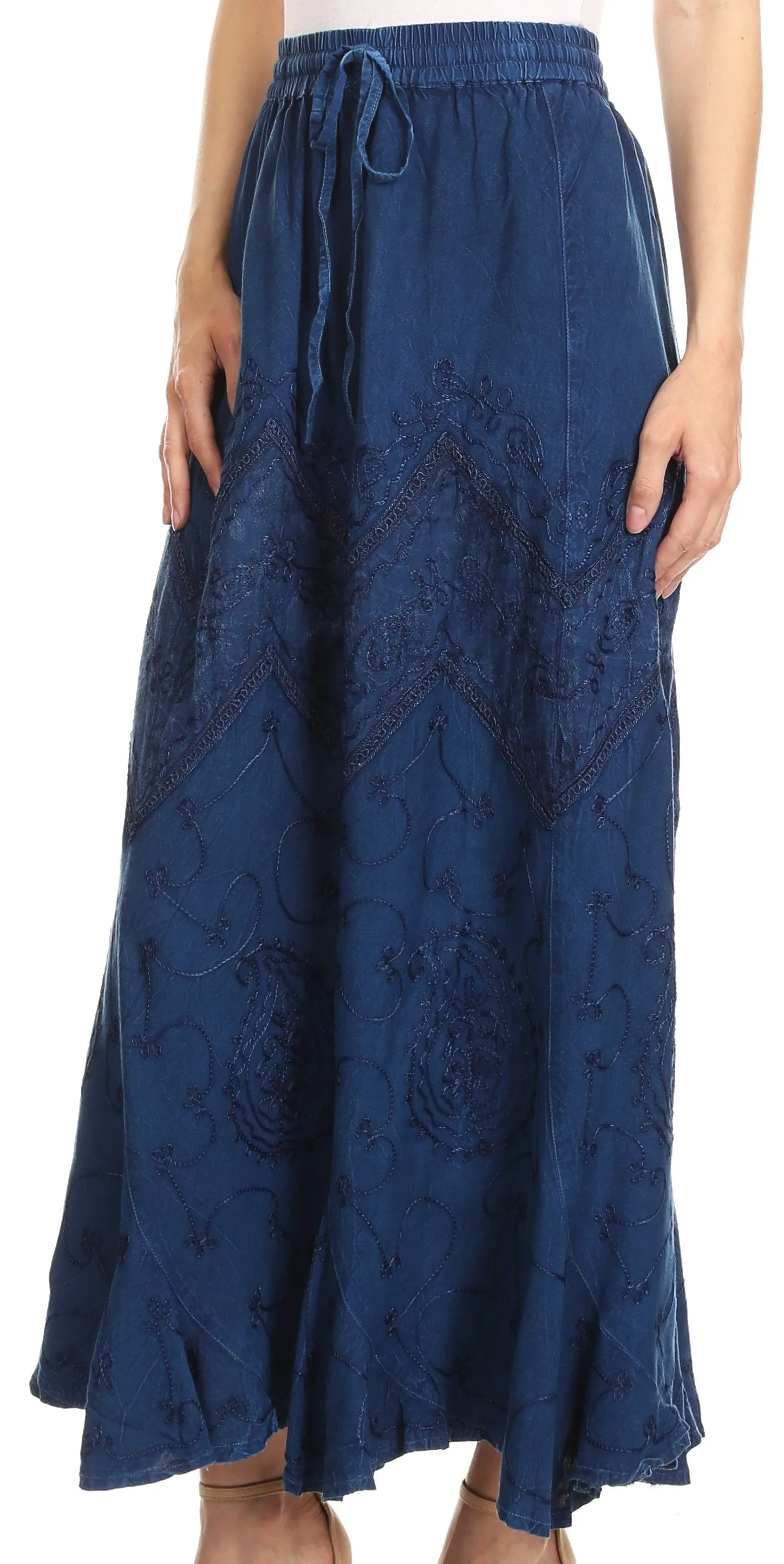 Sakkas Evelyn Womens Stonewashed Maxi Ruffle Skirt with Elastic Waist & Embroidery