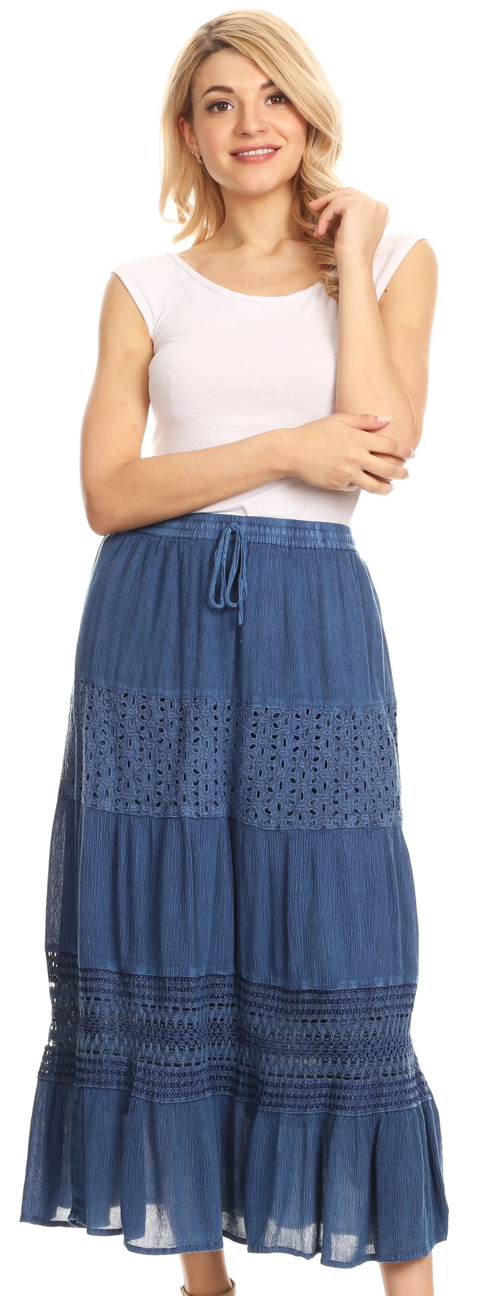 Sakkas Julita Womens Stonewashed Peasant Boho Prairie Midi Skirt with Lace