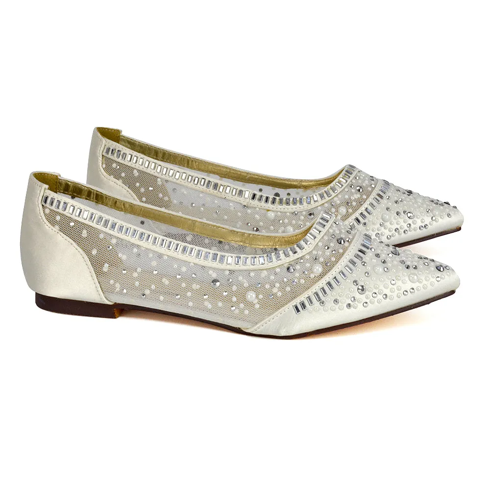 Vivian Pointed Toe Sparkly Diamante Wedding Bridal Pump Flats in Ivory Satin