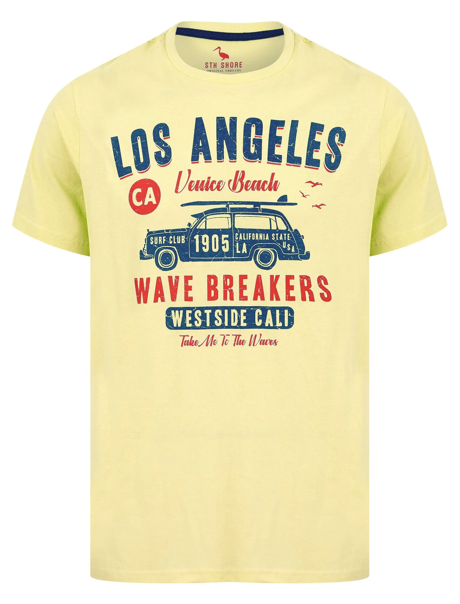 Wave Breakers Motif Cotton Jersey T-Shirt in Pastel Yellow - South Shore