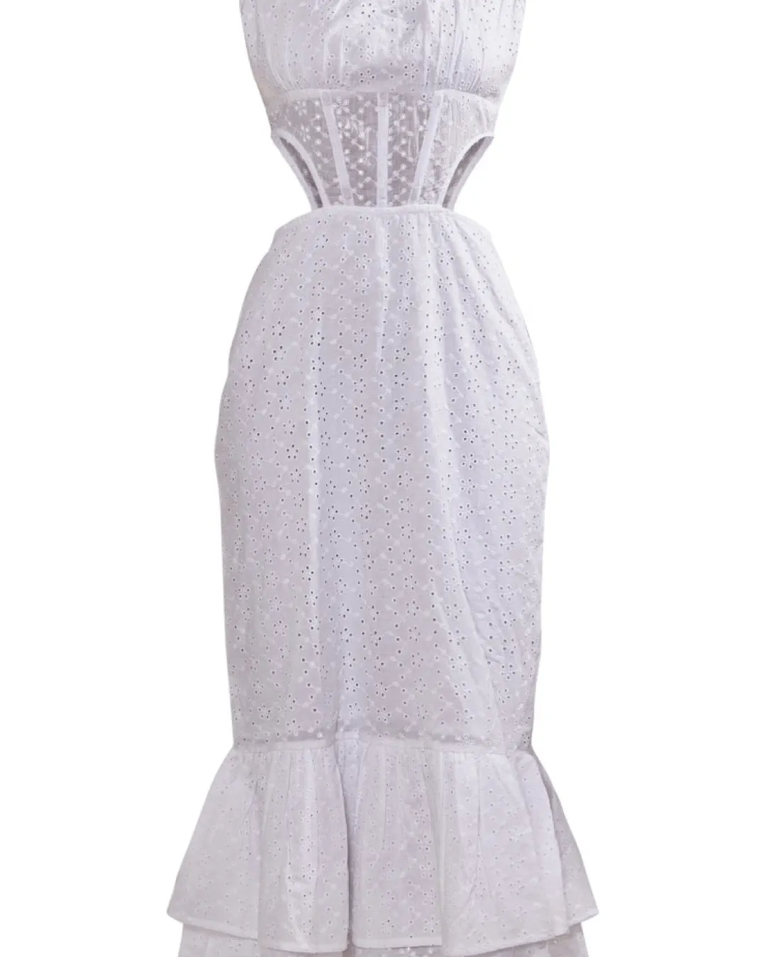 White Broderie Anglaise Corset Detail Tiered Midaxi Dress