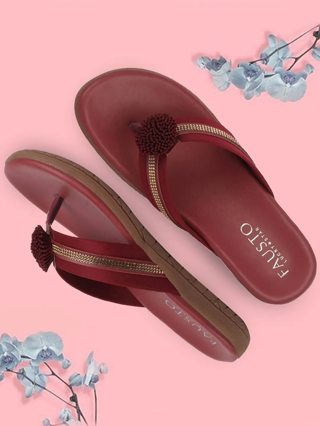 Women Cherry Shiny Beads T-Strap Slipper With Cushioned Footbed|Party|Office Wear|Weekend