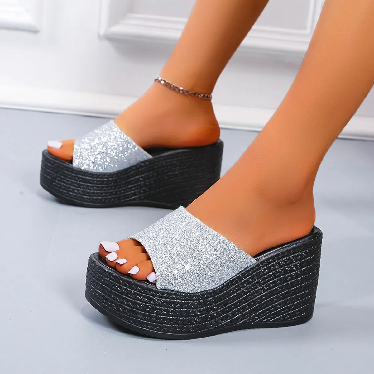 Women sequin strap peep toe slide platform wedge sandals