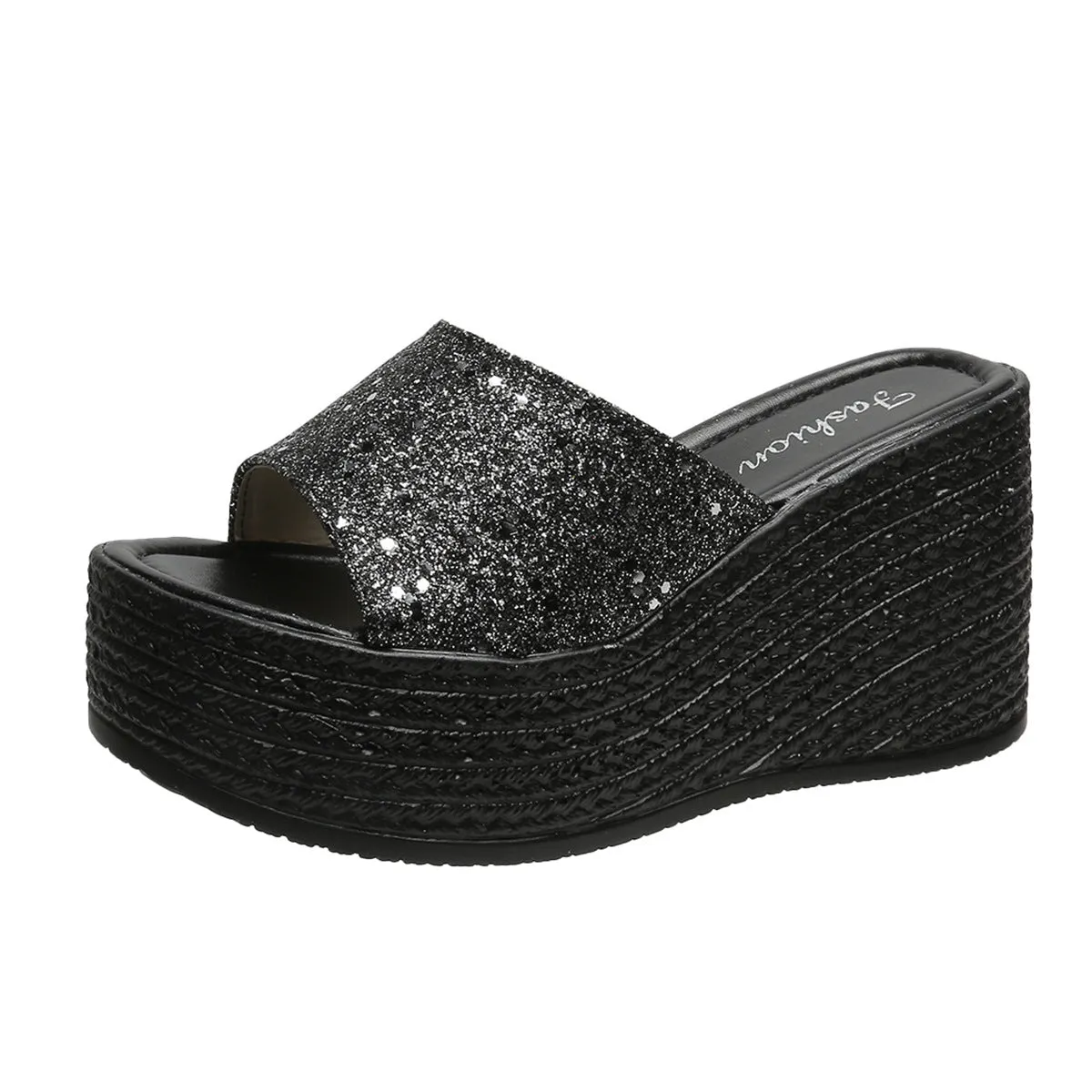 Women sequin strap peep toe slide platform wedge sandals