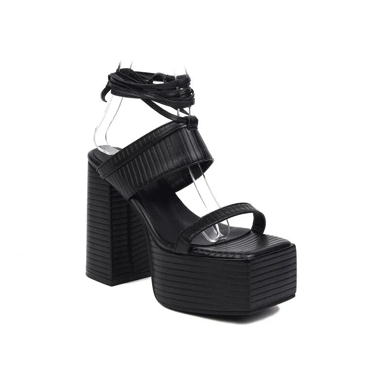 Women's Square Toe Cross Narrow Straps Ankle Strap Thick Sole Block Heel Platform Sandals